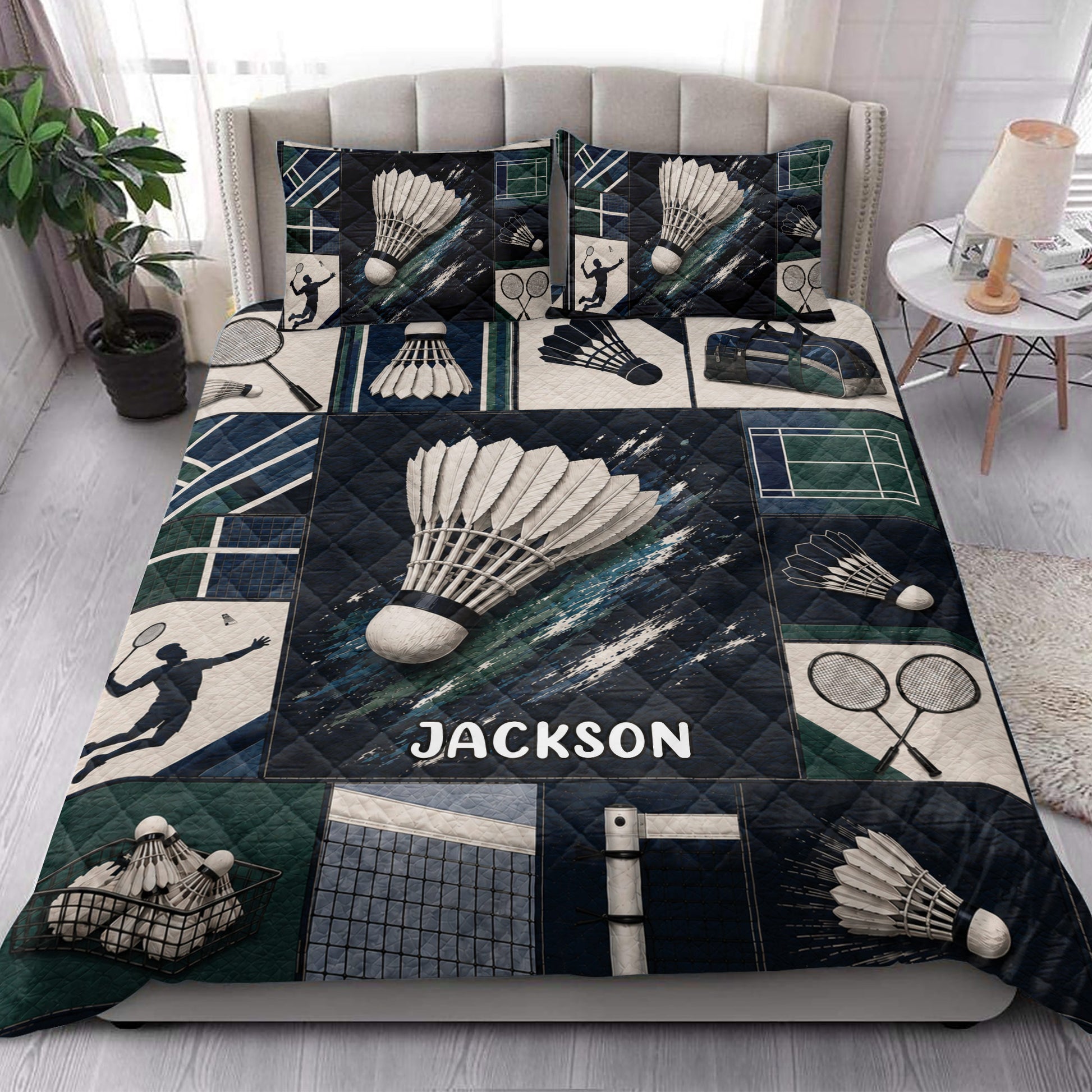 Badminton quilt blanket styled in a bright bedroom with shuttlecock, racket, and court-themed artwork
