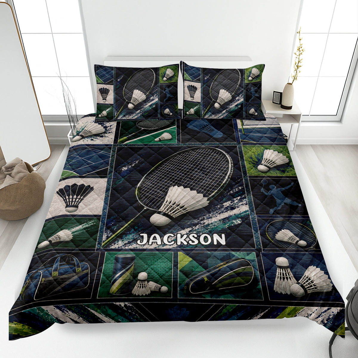 Badminton quilt blanket displayed on a bed with rackets, shuttlecocks, sports gear, and dark blue green artwork