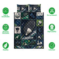 Badminton quilt blanket and pillowcases shown with shuttlecock artwork, soft breathable fabric, and care feature icons