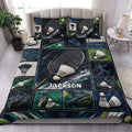 Badminton quilt blanket styled on a bedroom bed with racket, shuttlecock, court, and sports equipment artwork