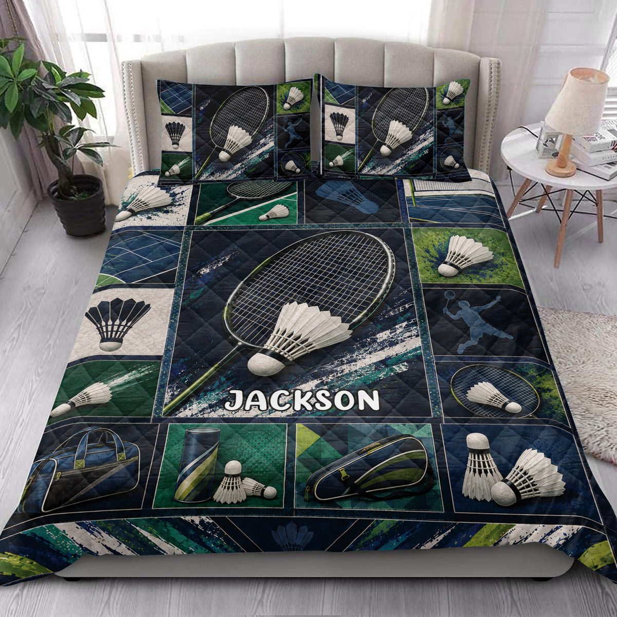 Badminton quilt blanket styled on a bedroom bed with racket, shuttlecock, court, and sports equipment artwork