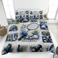 Badminton quilt blanket displayed on a bed with rackets, shuttlecocks, backpacks, and blue watercolor sports artwork
