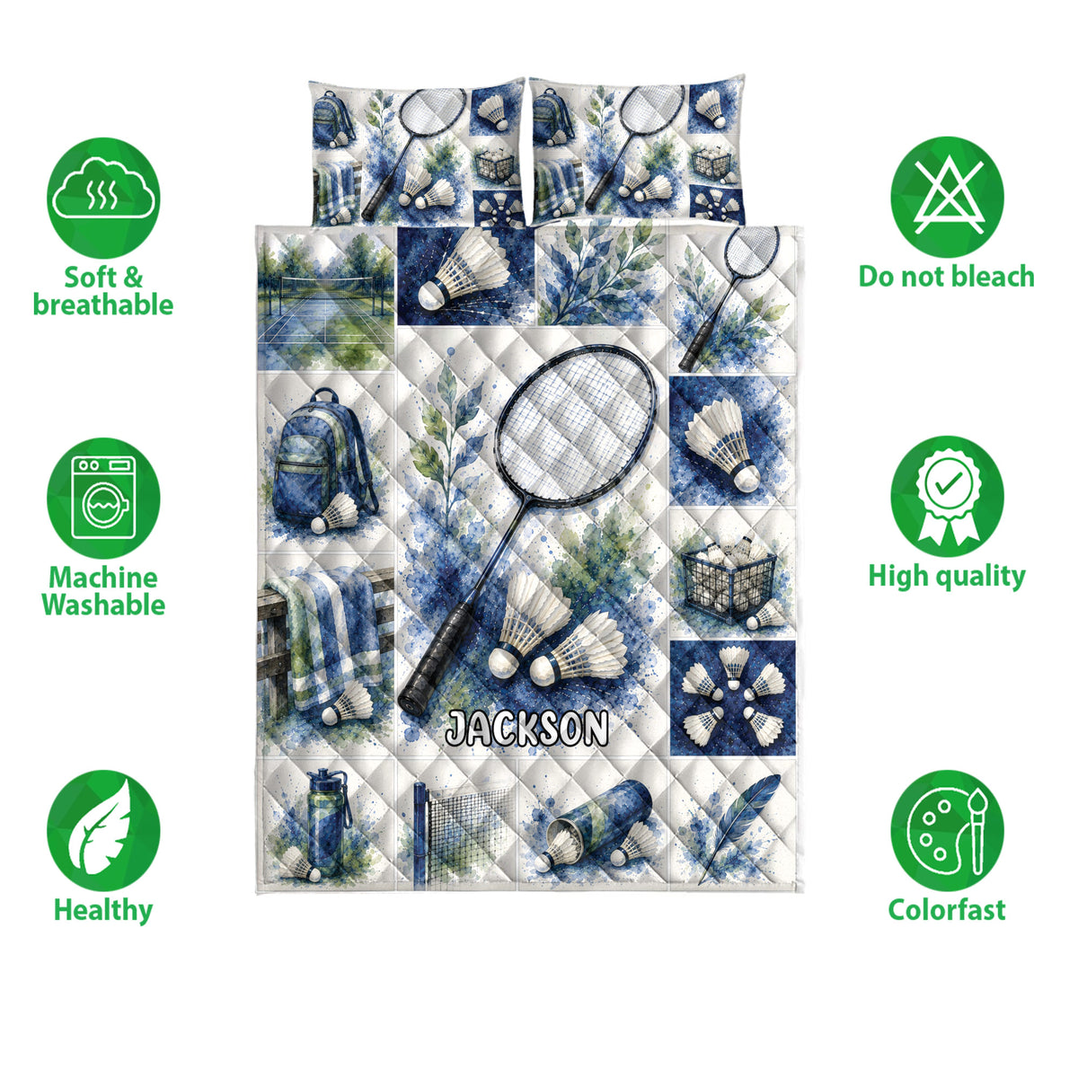 Badminton quilt bedding set layout with rackets and shuttlecocks, shown alongside feature and care icons