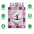 Gymnastics quilt bedding set shown with a female gymnast design and soft, breathable product feature icons