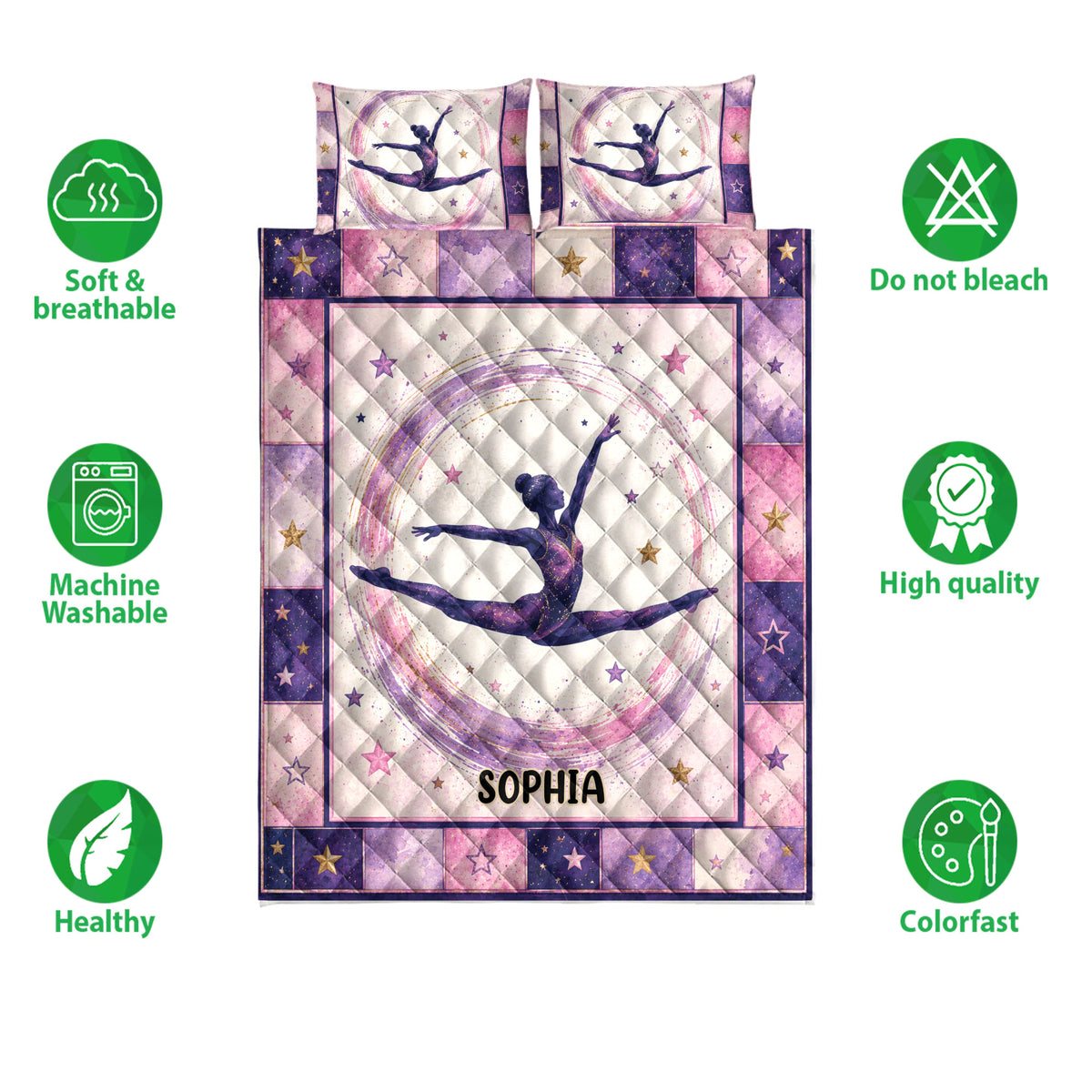 Gymnastics quilt bedding set shown with a female gymnast design and soft, breathable product feature icons