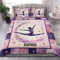 Gymnastics quilt blanket styled in a bright bedroom with star accents and female gymnast artwork