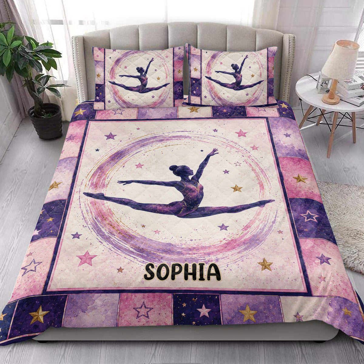 Gymnastics quilt blanket styled in a bright bedroom with star accents and female gymnast artwork