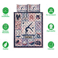 Gymnastics quilt blanket shown with gymnast artwork, soft colors and breathable lightweight design icons