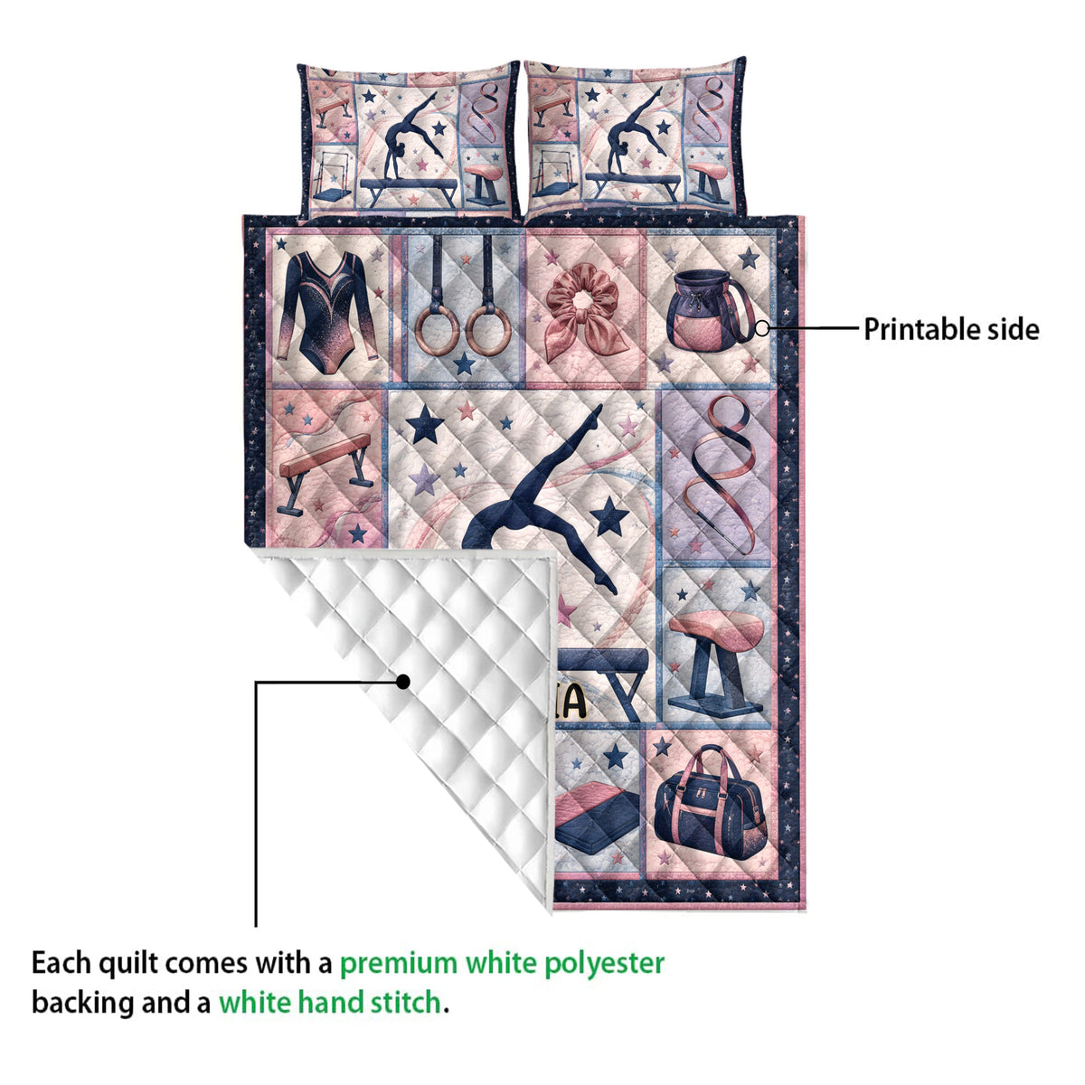 Gymnastics quilt blanket showing the printed front and white quilted backing detail
