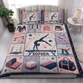 Gymnastics bedding set styled in a bright bedroom with gymnast and apparatus artwork