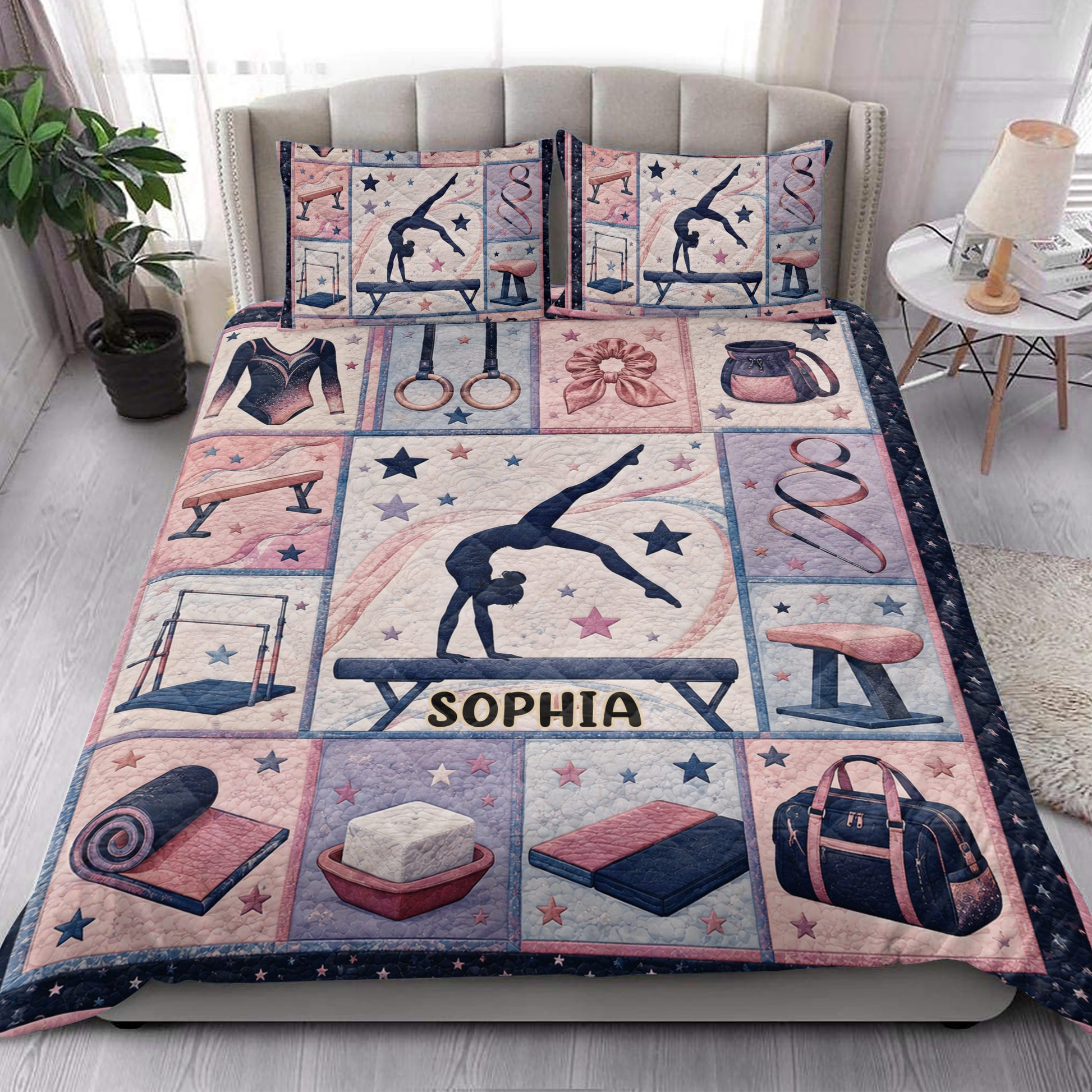 Gymnastics bedding set styled in a bright bedroom with gymnast and apparatus artwork