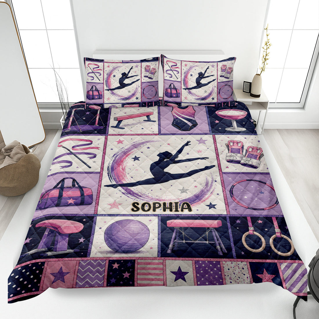 Gymnastics quilt blanket bedding set displayed on a bed with pink and purple gymnast artwork