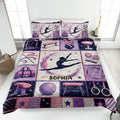 Gymnastics quilt blanket bedding set displayed on a bed with pink and purple gymnast artwork
