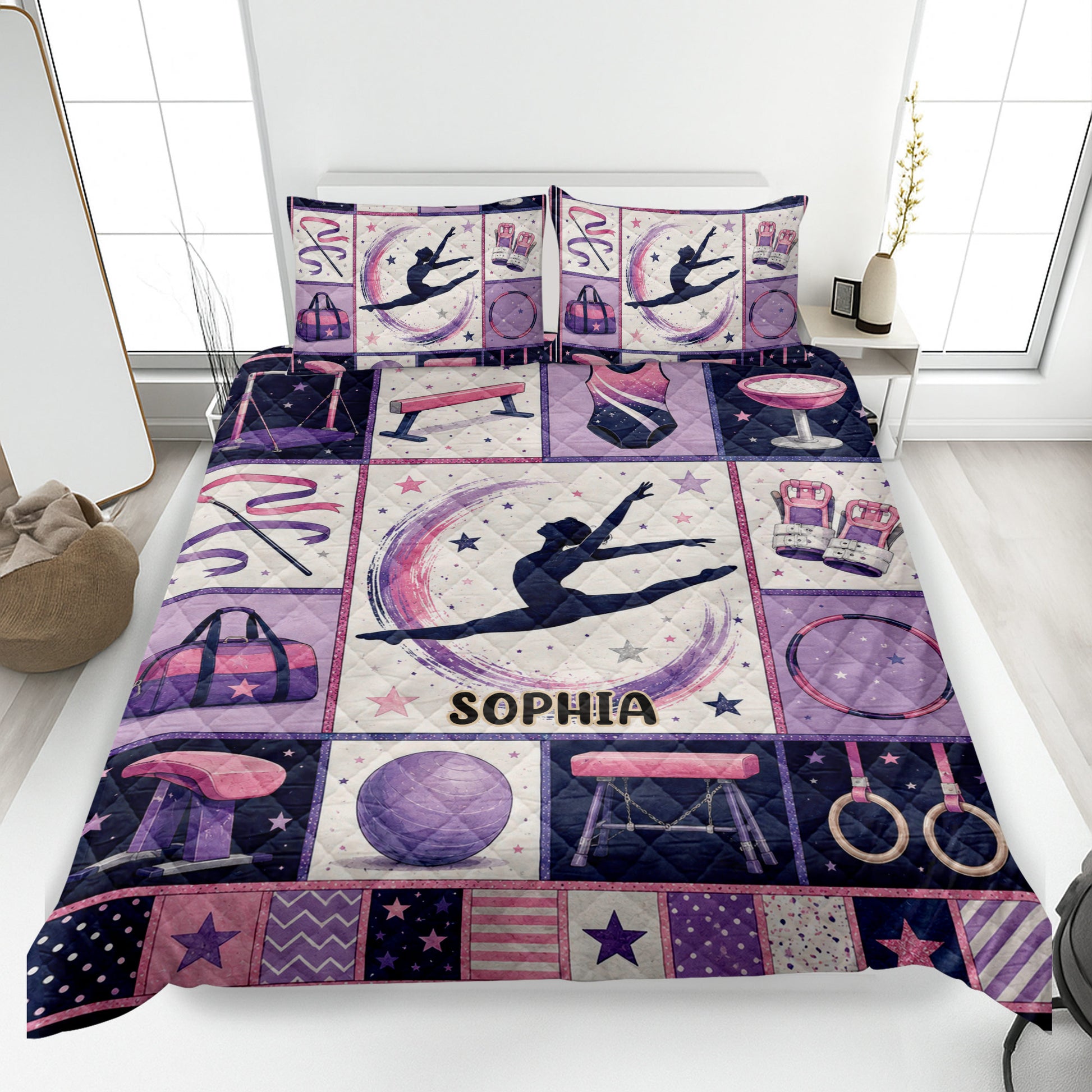 Gymnastics quilt blanket bedding set displayed on a bed with pink and purple gymnast artwork