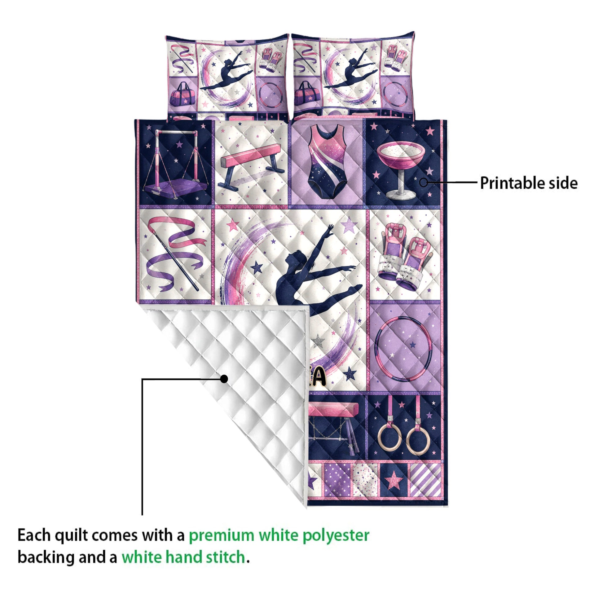 Gymnastics quilt showing the printed artwork side and white quilted backing