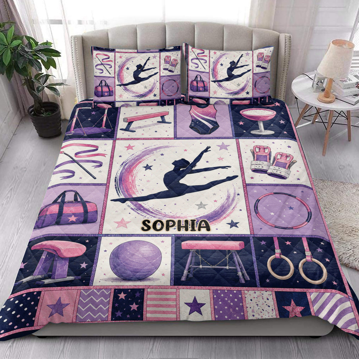 Gymnastics quilt blanket styled in a bright bedroom with gymnast and apparatus artwork