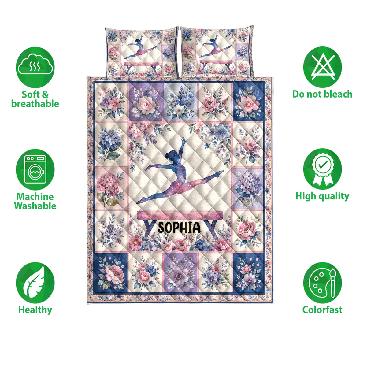 Gymnastics quilt bedding set shown flat with floral panels, gymnast artwork, and care feature icons