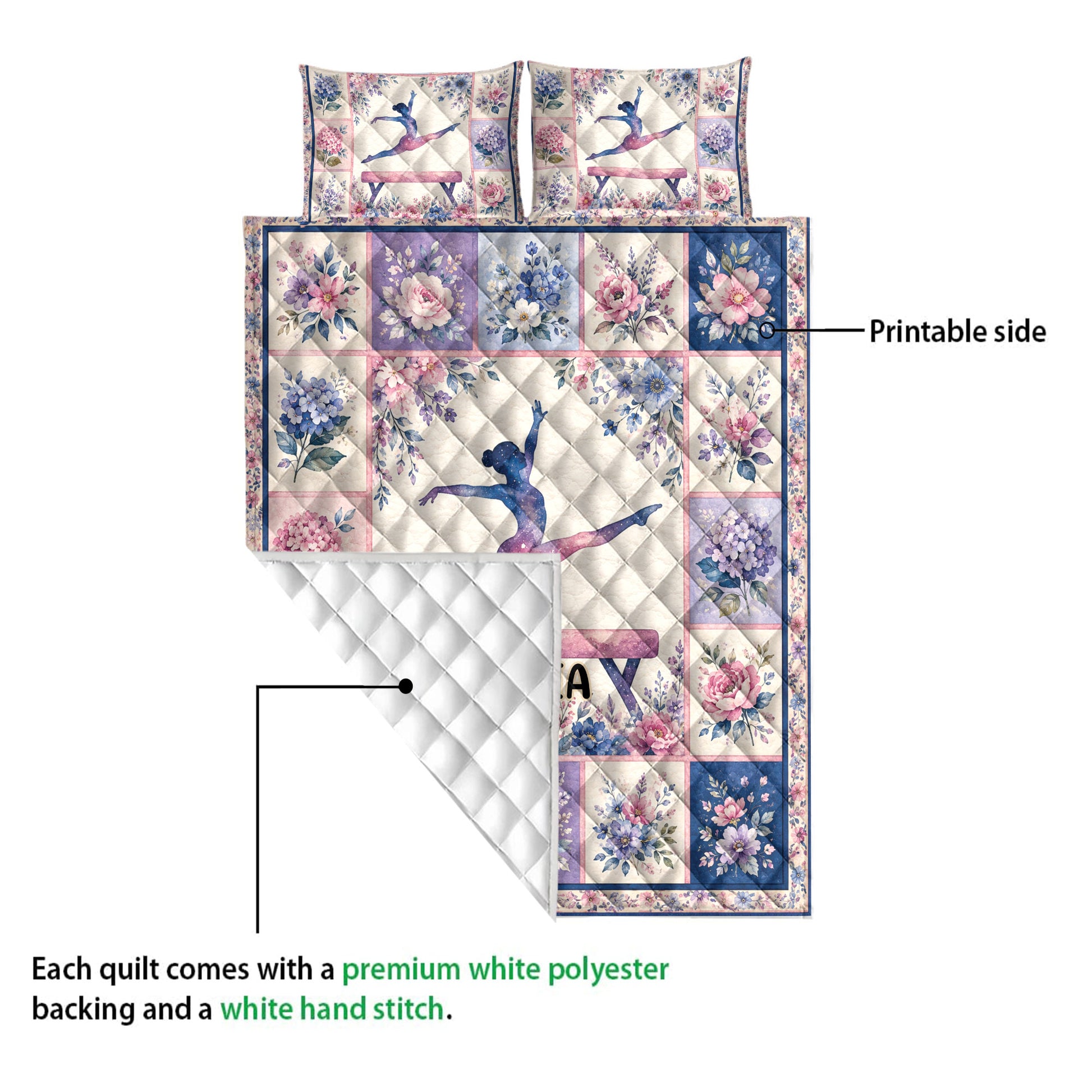 Gymnastics quilt blanket detail showing the printed floral side and quilted white backing