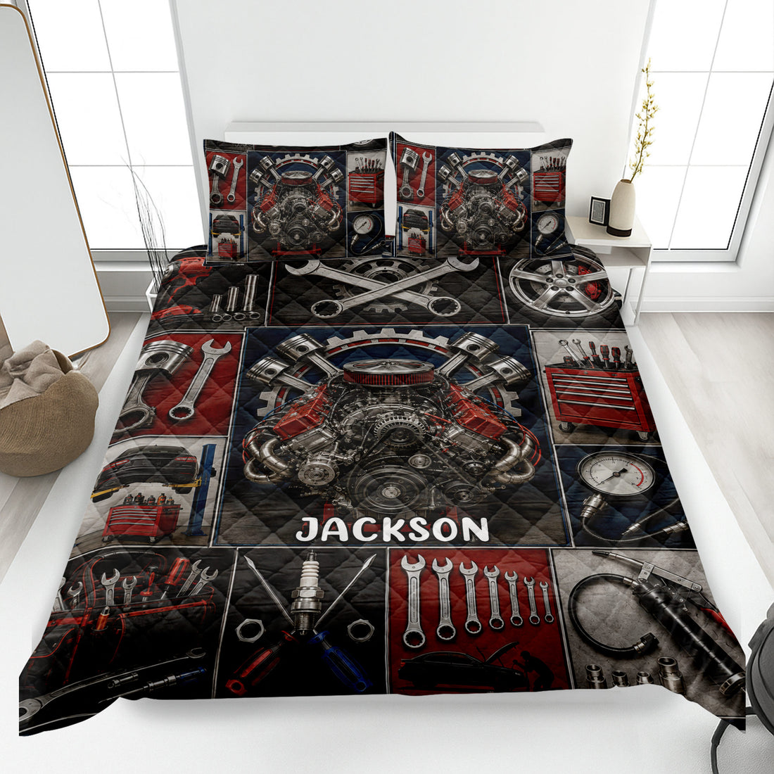 Mechanic quilt blanket displayed on a bed with engine, wrench, tool chest, tire, and garage artwork