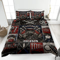 Mechanic quilt blanket displayed on a bed with engine, wrench, tool chest, tire, and garage artwork