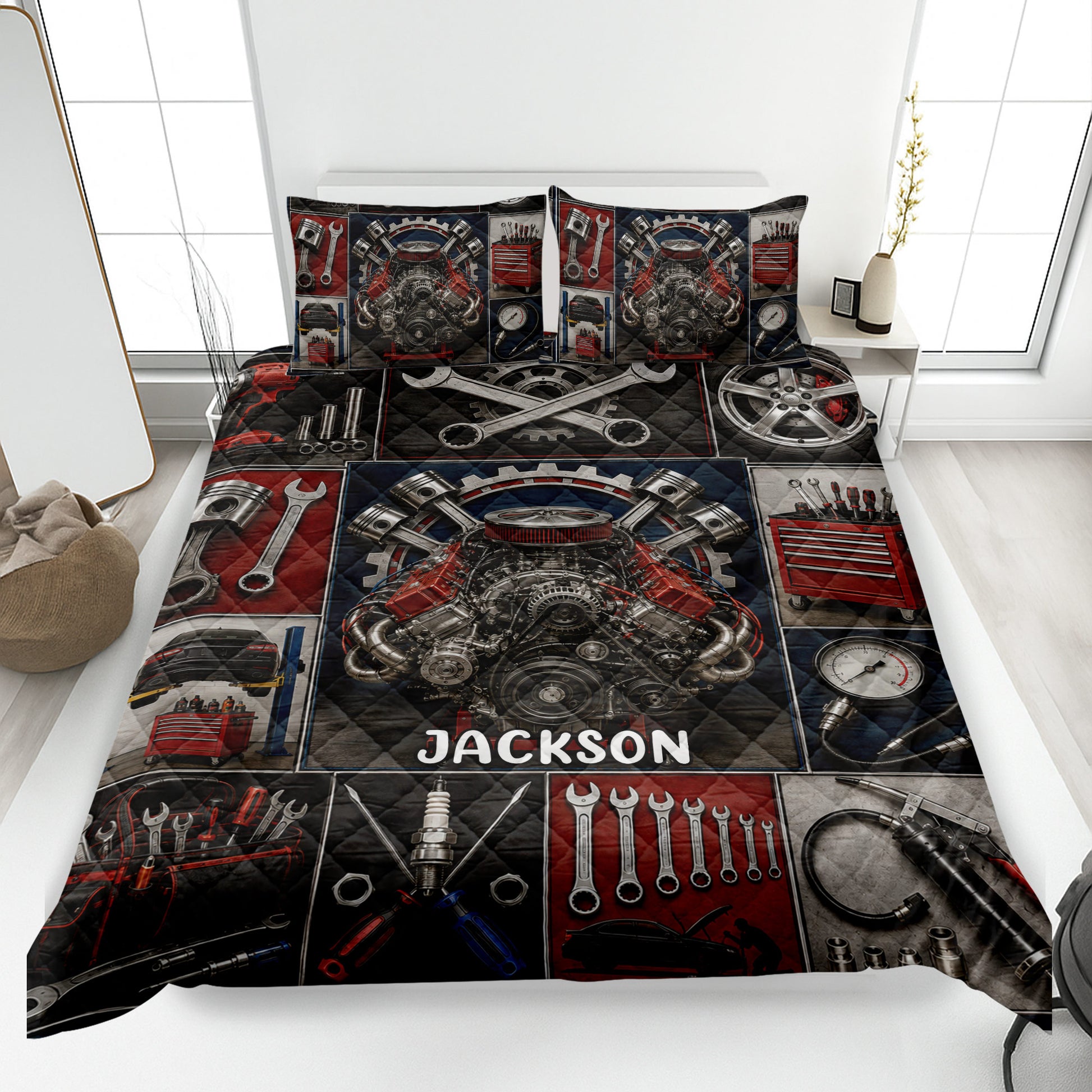 Mechanic quilt blanket displayed on a bed with engine, wrench, tool chest, tire, and garage artwork
