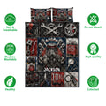 Mechanic quilt bedding set layout with engine and automotive tool artwork plus feature icons