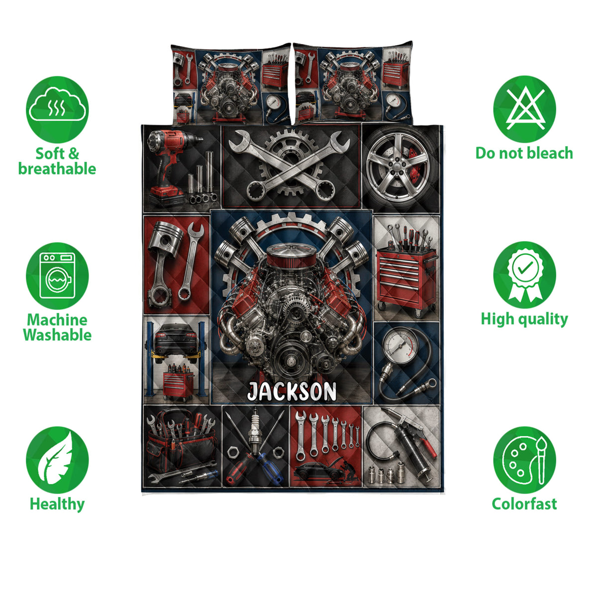 Mechanic quilt bedding set layout with engine and automotive tool artwork plus feature icons