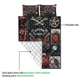 Mechanic quilt blanket detail showing printed automotive artwork and white quilted backing
