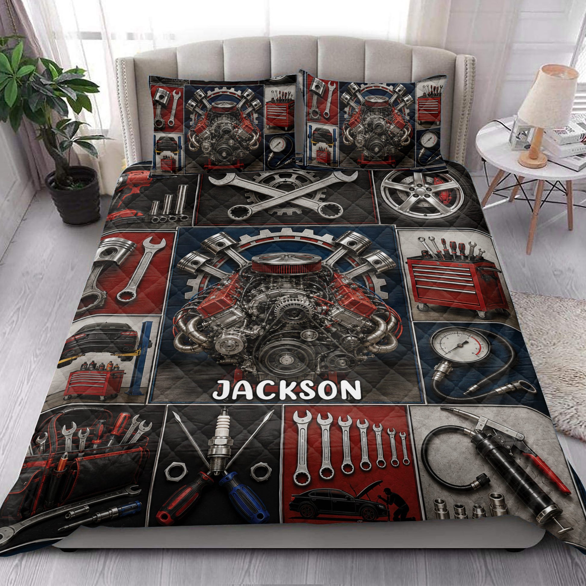 Mechanic quilt bedding set styled in a bedroom with engine, tools, tire, and garage imagery