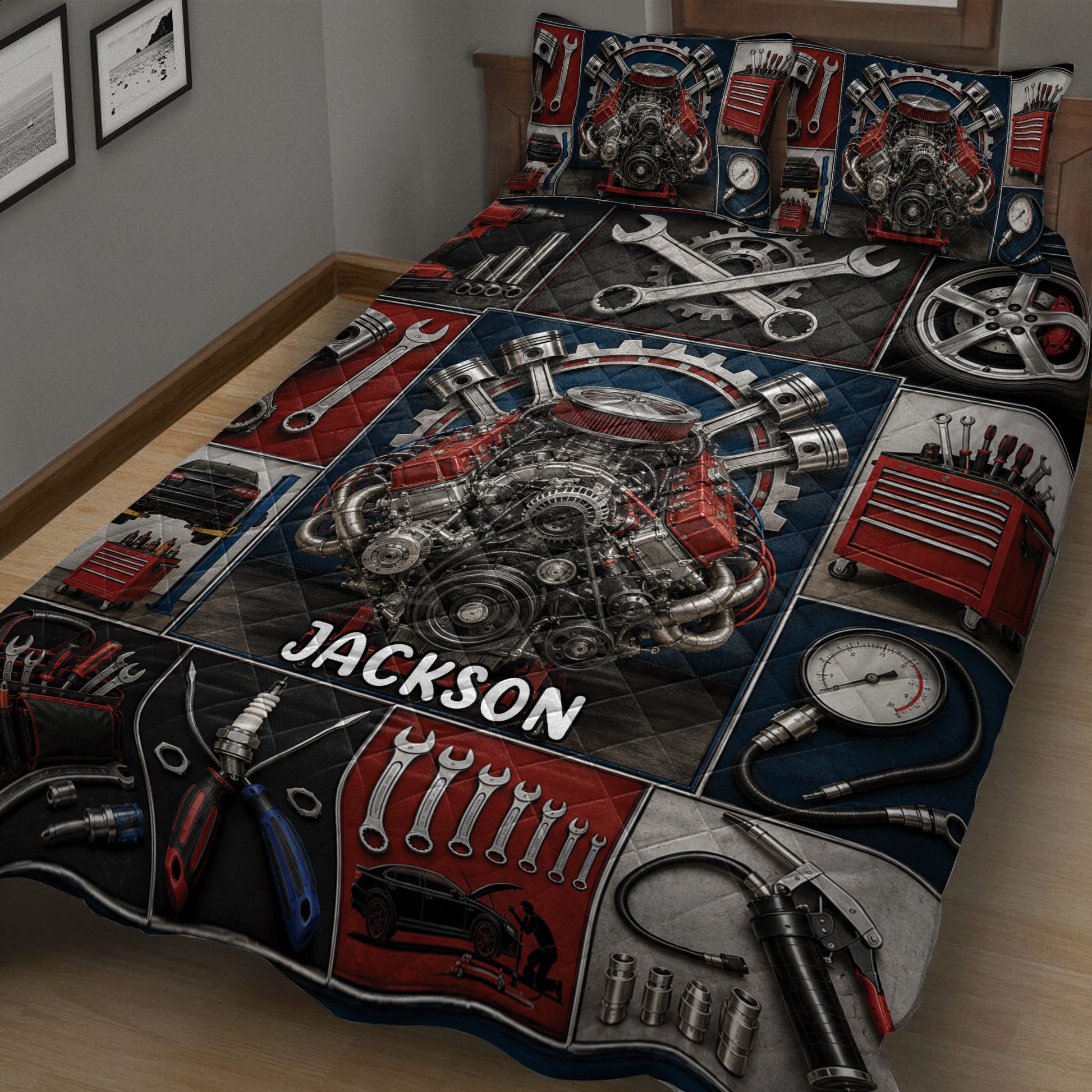 Mechanic quilt blanket shown on a bed with bold red, black, and blue automotive garage artwork