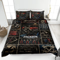 Mechanic quilt blanket displayed on a bed with engines, tools, wrenches, and automotive garage artwork