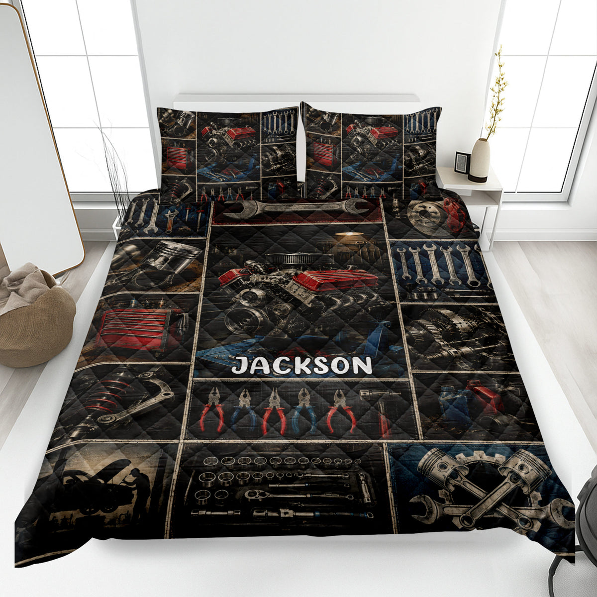 Mechanic quilt blanket displayed on a bed with engines, tools, wrenches, and automotive garage artwork