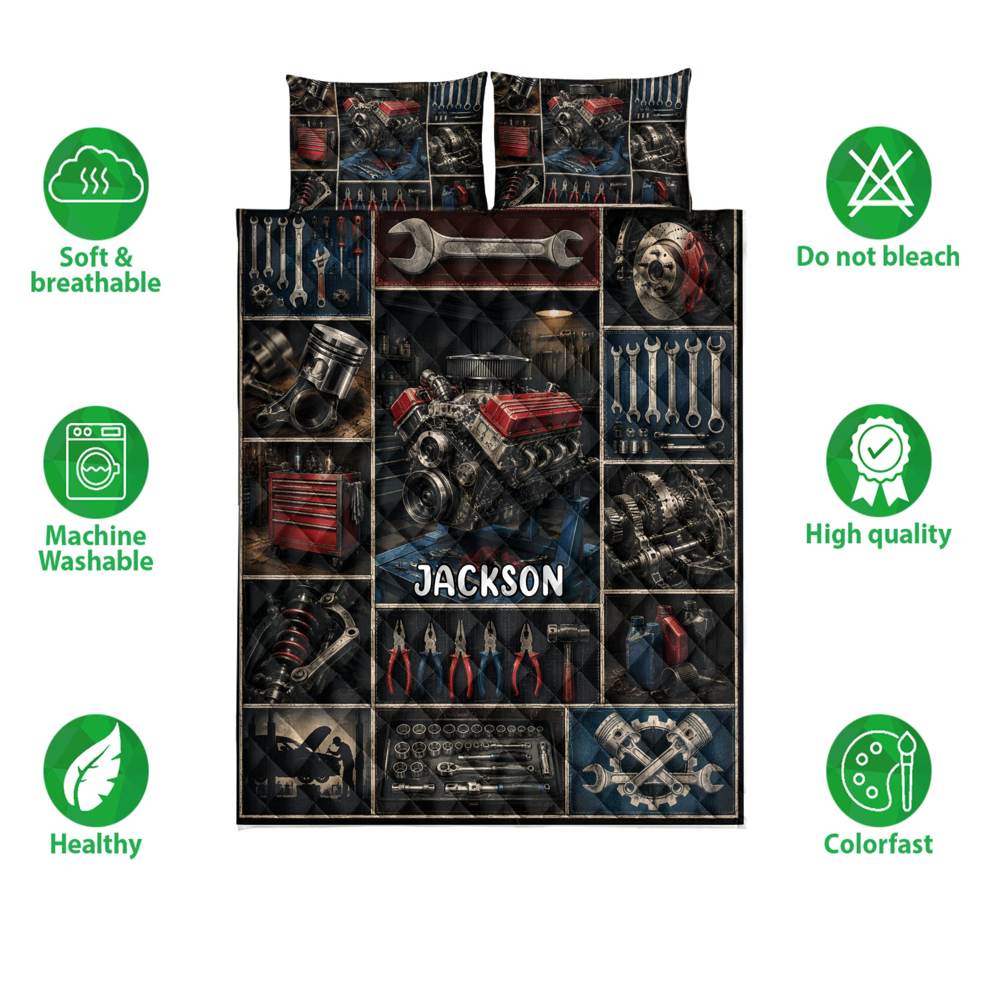 Mechanic quilt bedding set shown with engine, tool chest, wrench, and automotive repair artwork
