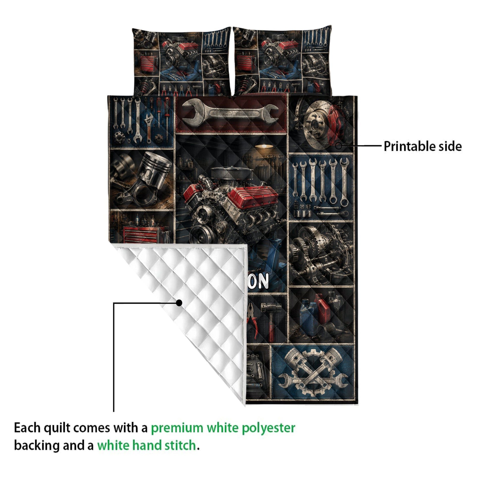 Mechanic quilt showing printed automotive artwork and a diamond-quilted reverse side