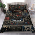 Mechanic quilt blanket styled in a bedroom with engine, wrench, piston, and tool artwork
