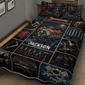 Close bedroom view of mechanic quilt bedding with engine, tools, pistons, and garage-inspired artwork