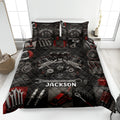Mechanic quilt blanket bedding set displayed on a bed with engine, tools, gears, wheels, and garage artwork