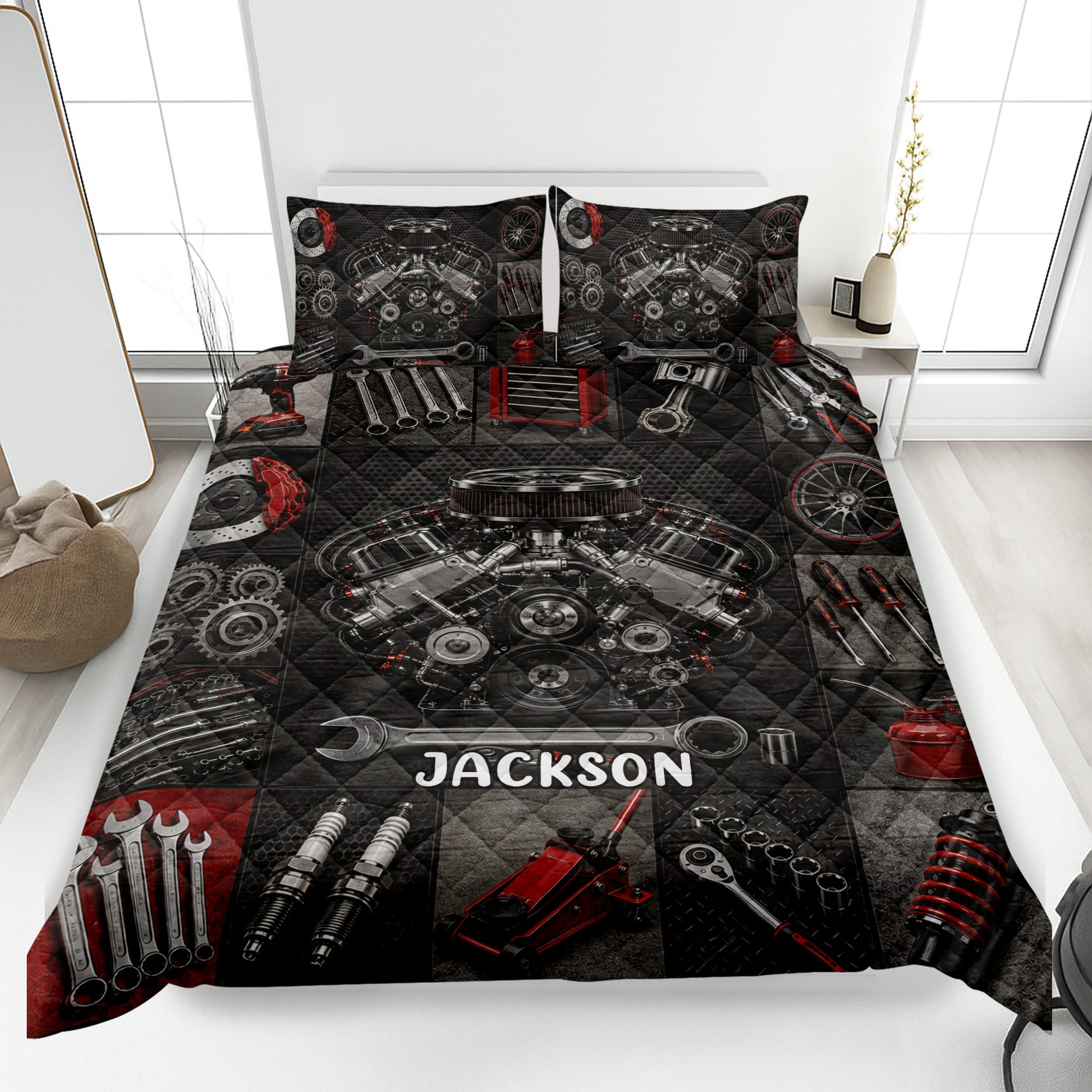 Mechanic quilt blanket bedding set displayed on a bed with engine, tools, gears, wheels, and garage artwork