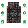 Mechanic quilt blanket with engine and tool collage shown with soft breathable and care feature icons