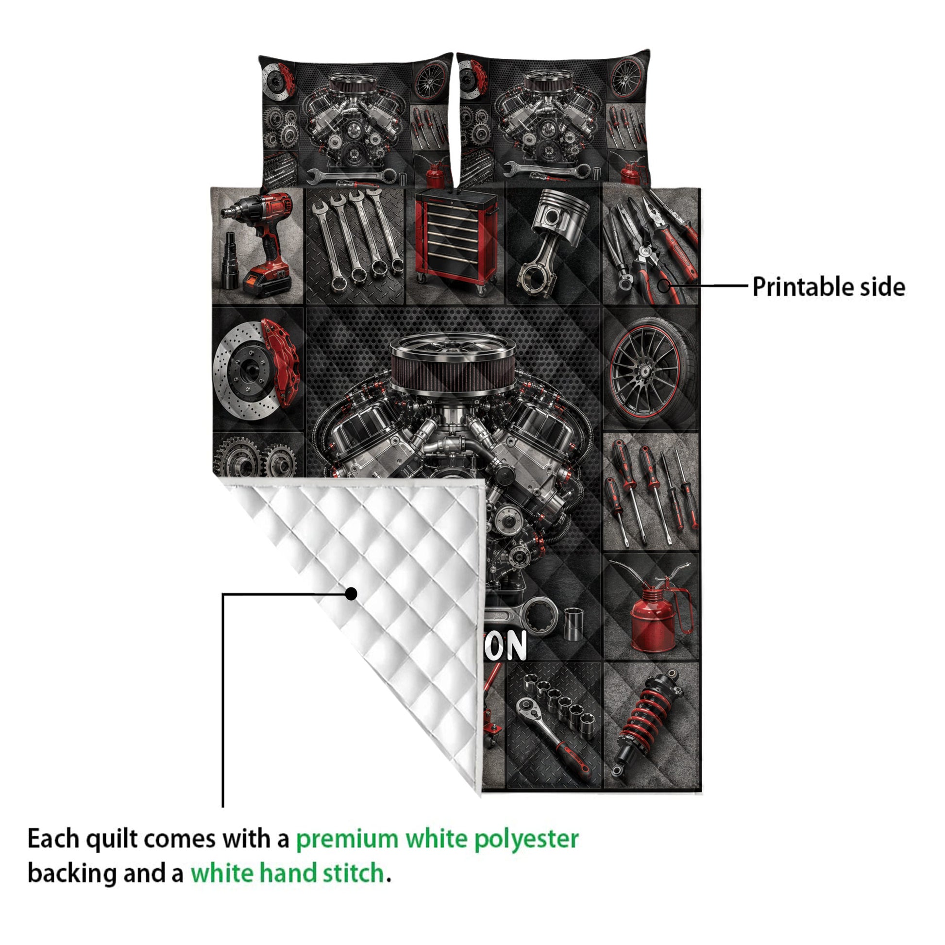 Mechanic quilt blanket detail showing printed automotive artwork and white quilted backing