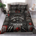 Mechanic quilt blanket styled in a bedroom with engine, wrench, tool, and automotive part artwork