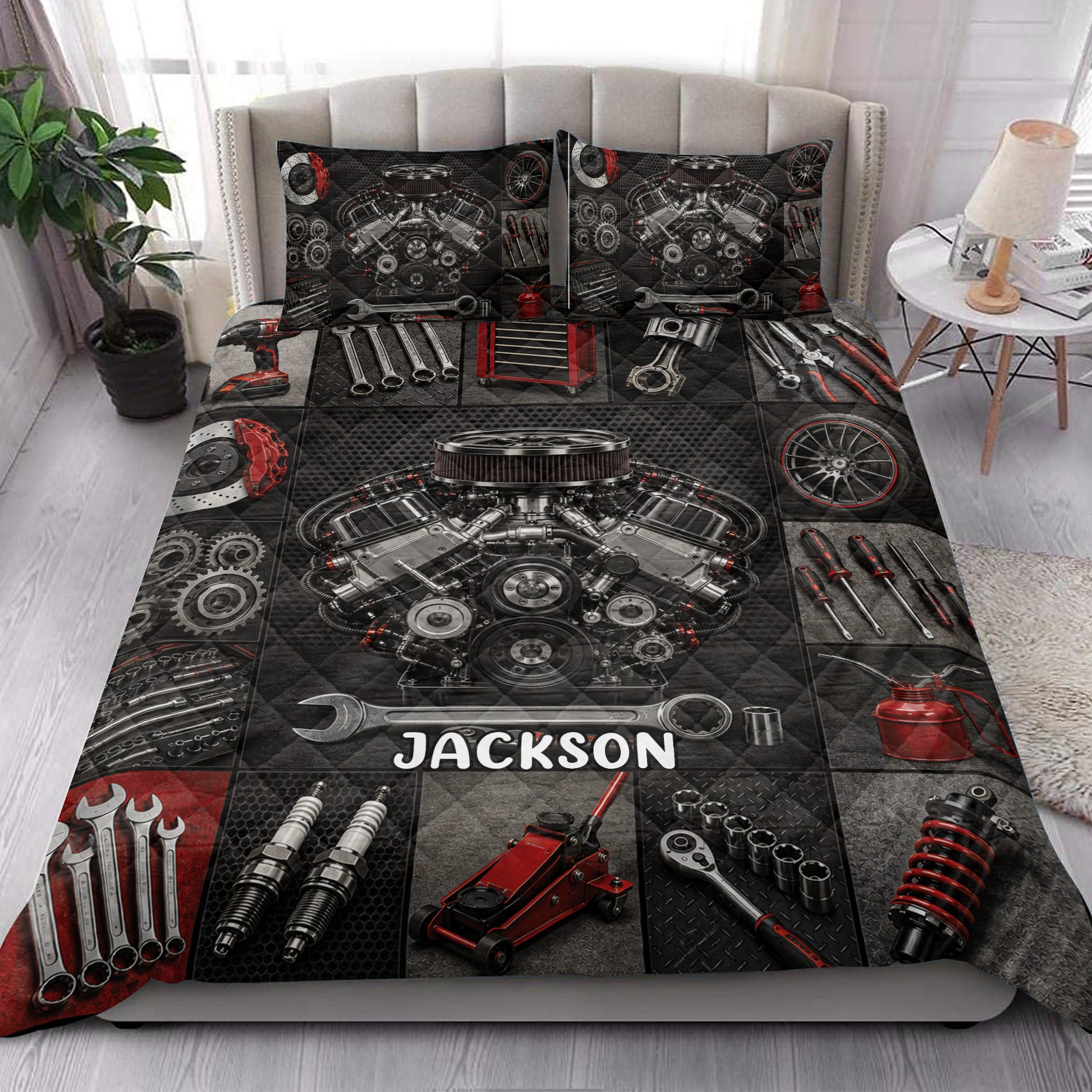Mechanic quilt blanket styled in a bedroom with engine, wrench, tool, and automotive part artwork