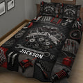 Close view of mechanic quilt bedding with detailed engine, tools, gears, wheel, and suspension artwork