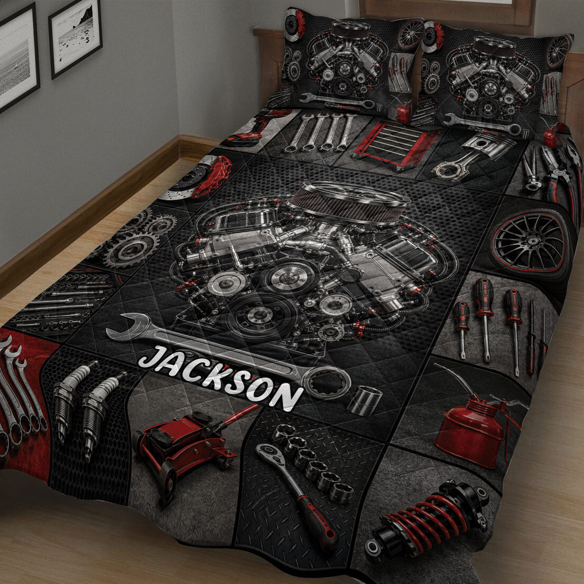 Close view of mechanic quilt bedding with detailed engine, tools, gears, wheel, and suspension artwork