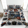 Mechanic quilt blanket displayed on a bed with vintage truck, tools, engine parts, and garage artwork