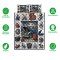 Mechanic quilt bedding set shown with vintage truck and automotive tools in a feature presentation
