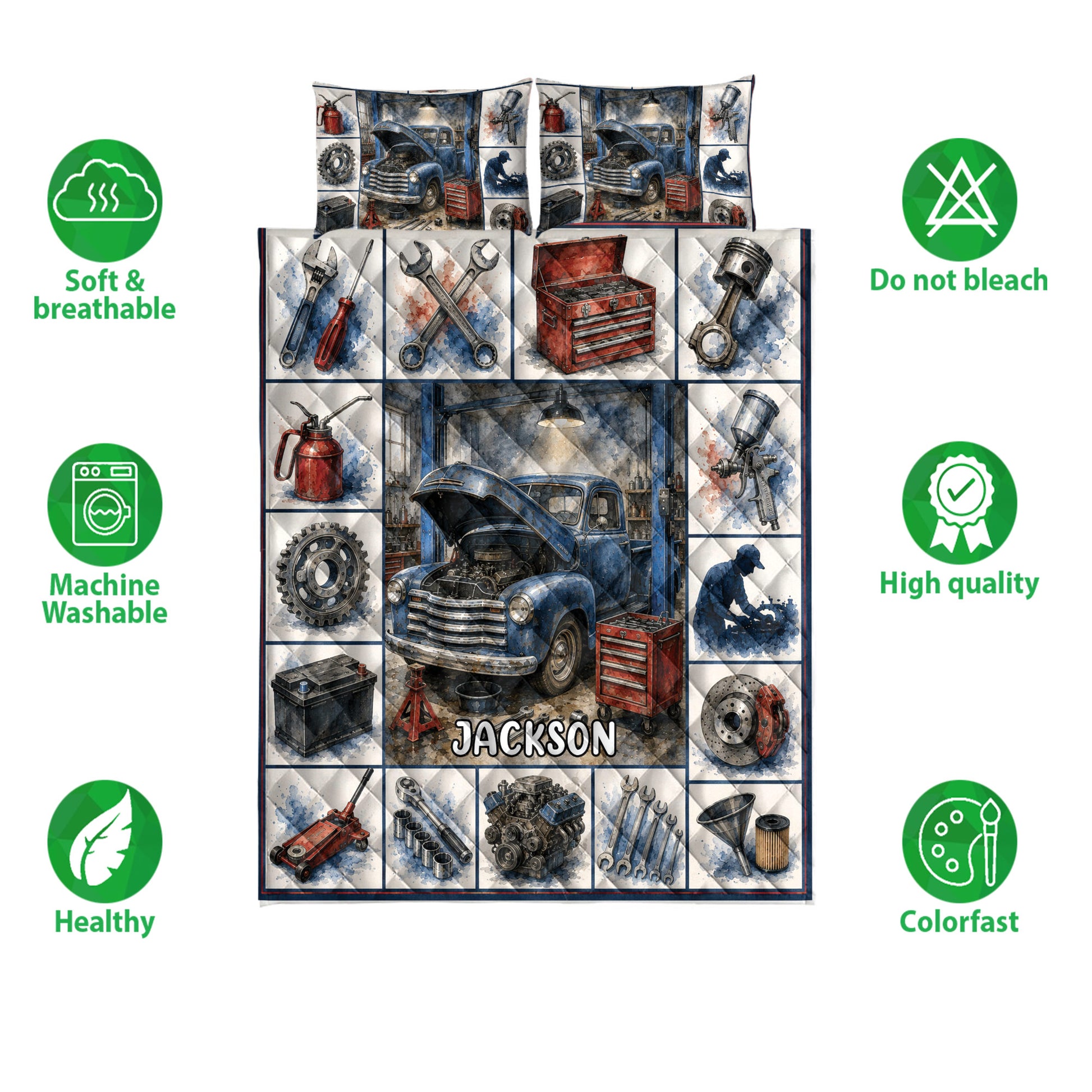 Mechanic quilt bedding set shown with vintage truck and automotive tools in a feature presentation