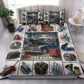 Mechanic quilt blanket styled on a bed with classic truck, tool chest, wrenches, and garage imagery