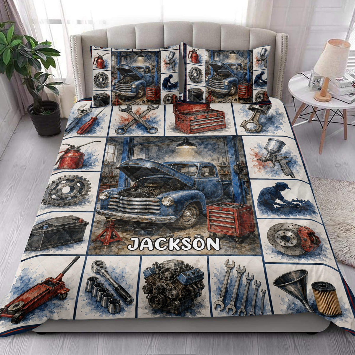 Mechanic quilt blanket styled on a bed with classic truck, tool chest, wrenches, and garage imagery