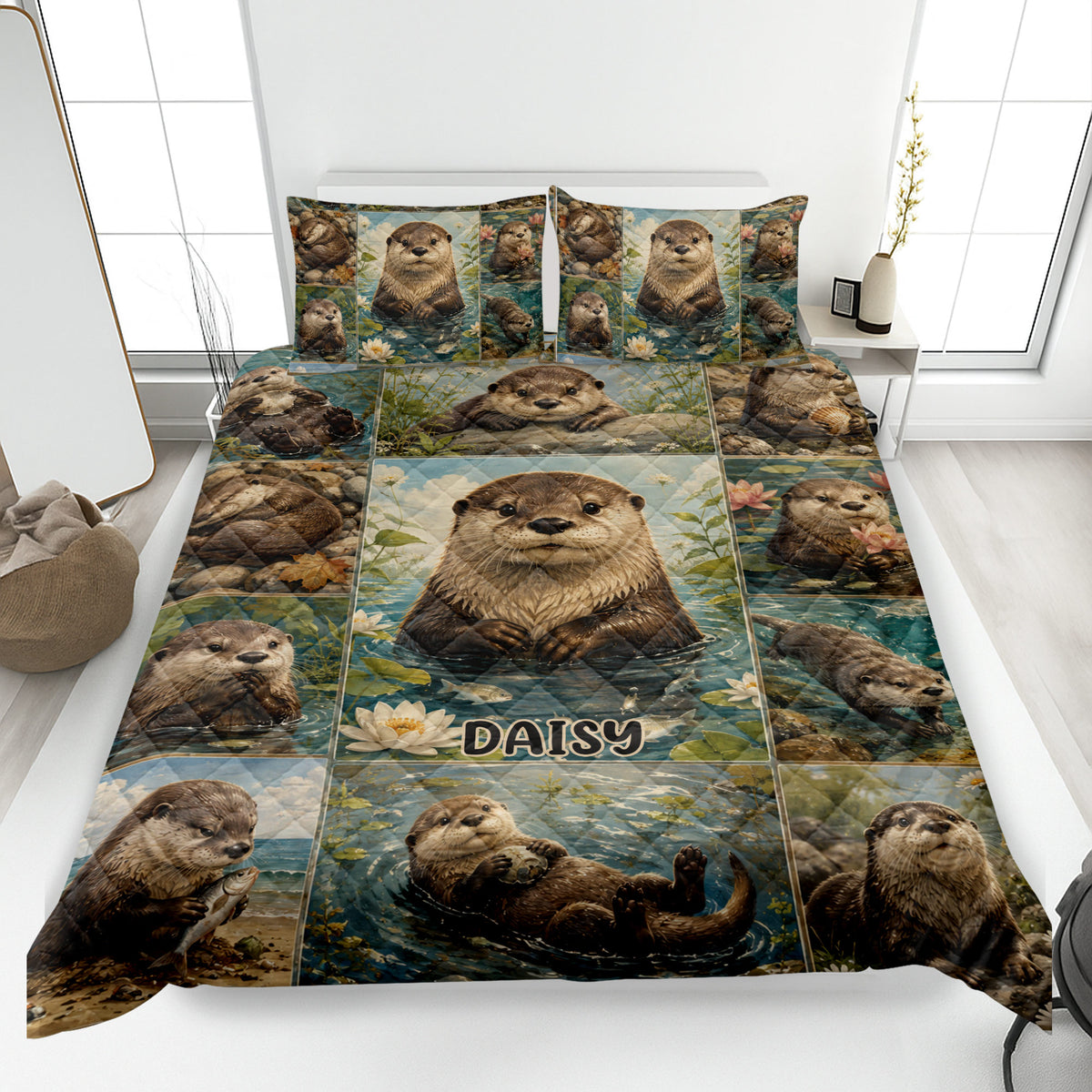Otter quilt blanket spread across a bed with aquatic scenes, water lilies, and wildlife artwork